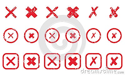 Cross Shape Silhouette Icon Set. Red Grunge Mark In Box And Circle Pictogram. Delete, Cancel, Reject, Ban Sign. Wrong Vector Illustration