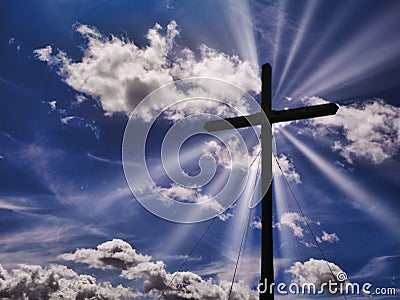 Cross silhouette sunbeam symbol christianity heaven concept Stock Photo