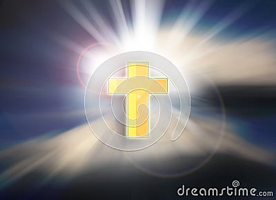 Cross on a sky with dramatic light, clouds, sunbeams. Easter. Stock Photo