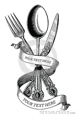 Cross of spoon fork and knife hand draw vintage engraving style black and white clip art isolated on white background Vector Illustration