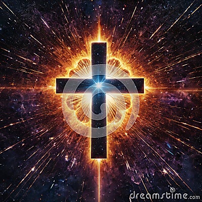 A cross with a star burst in the background. Stock Photo
