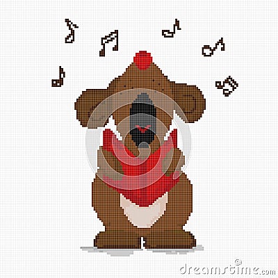 Cross-stitch dog loudly sings a musical greeting. Cell.Vector Stock Photo