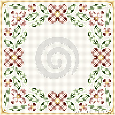 Cross-stitch embroidery - flowers and leaves Vector Illustration