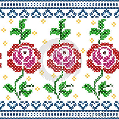 Cross Stitch Embroidery Rose Floral design for seamless pattern texture Vector Illustration