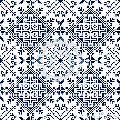 Cross-stitch embroidery style vector seamless pattern - inspired by the old folk art designs from Bosnia and Herzegovina Zmijanjsk Vector Illustration