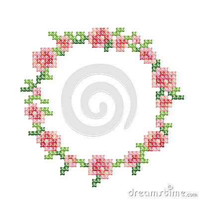 Cross-stitch embroidery, vintage styled floral frame with pink roses and leafs. Vector Illustration