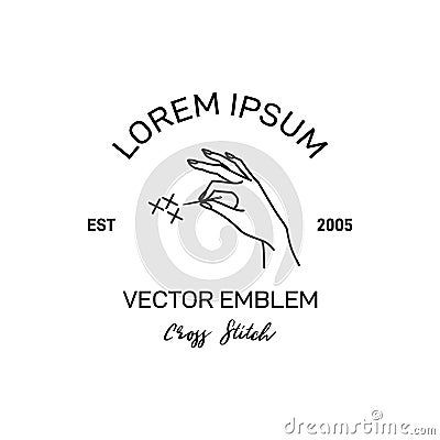 Cross Stitch Logo. Vector Emblem Embroidery. Illustration of Female Hand Holding Needle Vector Illustration