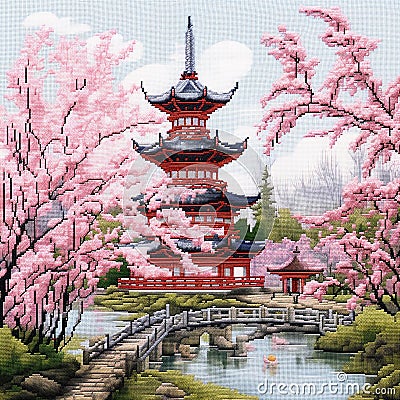 Cross stitch pattern. Cross stitching embroidery with asian house over a river and a blooming sakura garden. Picturesque japanese Cartoon Illustration