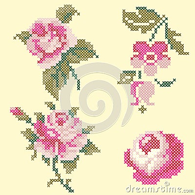 Cross Stitch Roses Elements Vector Illustration