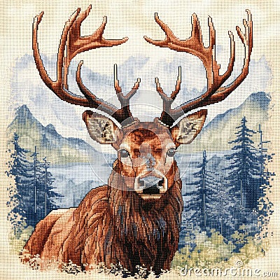 Cross stitch style illustration of a male bull elk in the rocky mountains Cartoon Illustration