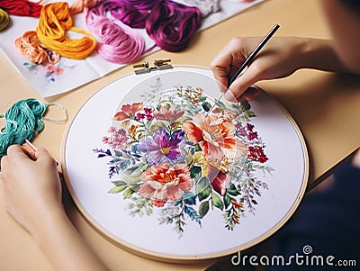 Cross stitching in process. Close up of hands with embroidery in round hoop. Cross stitch illustration showing the process of Cartoon Illustration