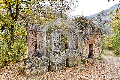 Cross-stone, khachkar, at Haghartsin monastery in Armenia Stock Photo