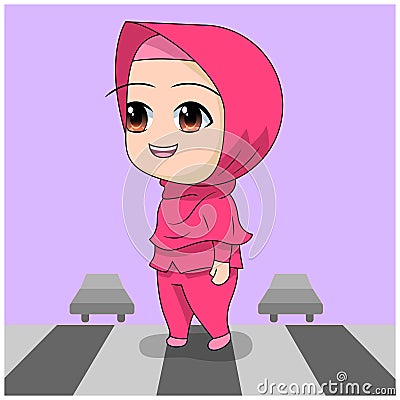 Cross the street. cute Muslim children`s cartoon. cartoon Children`s daily fun activity. Vector Female Cartoon Character. Vector Illustration