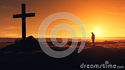 Cross in sunset and lone silhouetted person praying Stock Photo