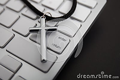 Cross with technology . Religion Concept Stock Photo