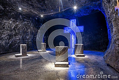 Cross and Thombstone in Zipaquira Salt Cathedral, Colombia Editorial Stock Photo