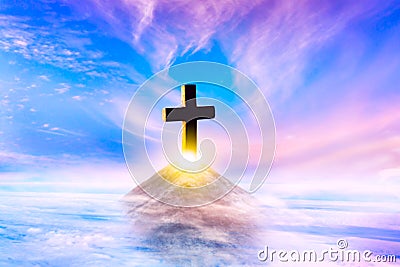 Cross on top of a mountain . Conceptual cross religion shape . Religion background Stock Photo