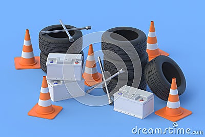 Cross wheel wrenches, tyres, batteries and cones Stock Photo