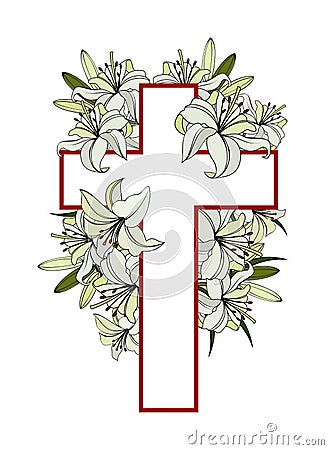 Cross with white lilies Vector Illustration