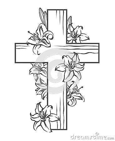 Cross with white lilies Vector Illustration