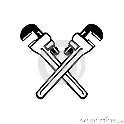 Crossed Adjustable Pipe Wrench or Monkey Wrench Retro Black and White Vector Illustration