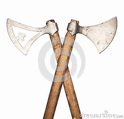 Crossed axes. Two ancient guns isolated on white background Stock Photo