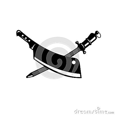 Crossed Butcher Knife Meat Cleaver and Sharpener Steel Rod Retro Woodcut Black and White Vector Illustration