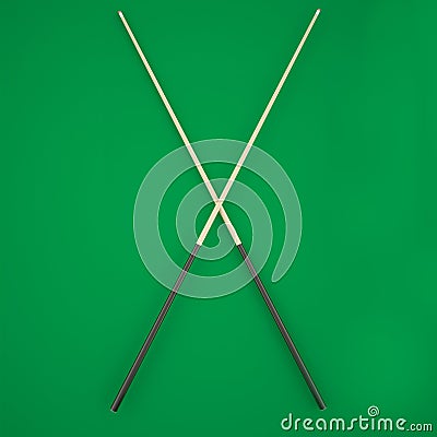 Crossed cue on a green billiard table Cartoon Illustration