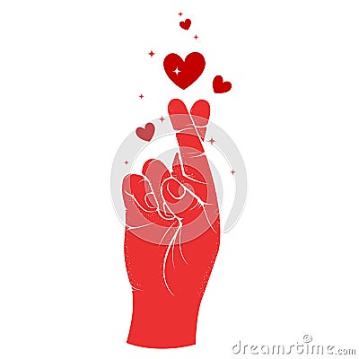 Crossed fingers hand gesture and hearts, Valentine's day hope sign, fake promise and fortune symbol Vector Illustration