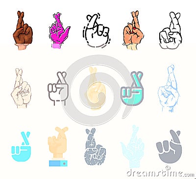 Crossed fingers vector fingered sign of human hand and symbol of luck or lie illustration fingering set isolated on Vector Illustration