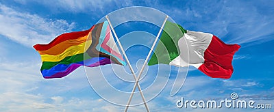 crossed flags of progress lgbt pride and Italia flag waving in the wind at cloudy sky. Freedom and love concept. Pride month. Cartoon Illustration