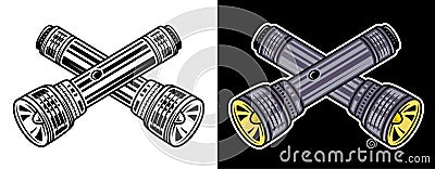 Crossed flashlights set of two vector objects in black style on white and colorful on dark background Vector Illustration