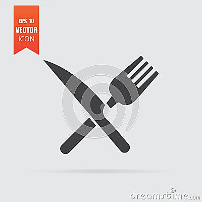 Crossed fork and knife icon in flat style isolated on grey background Vector Illustration