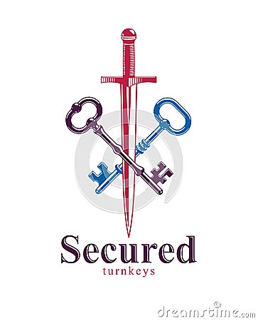 Crossed keys and dagger vector symbol emblem, turnkeys and sword, protected secrets, secured power. Vector Illustration