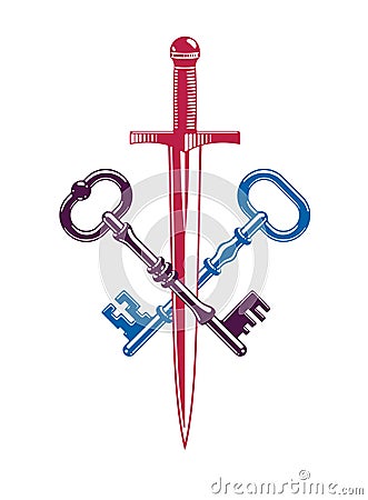 Crossed keys and dagger vector symbol emblem, turnkeys and sword, protected secrets, secured power. Vector Illustration
