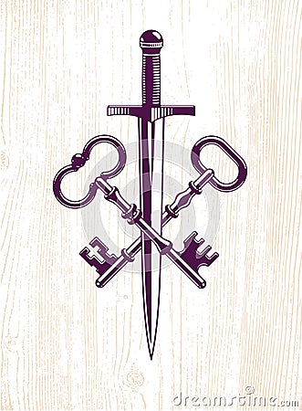 Crossed keys and dagger vector symbol emblem, turnkeys and sword, protected secrets, secured power. Vector Illustration