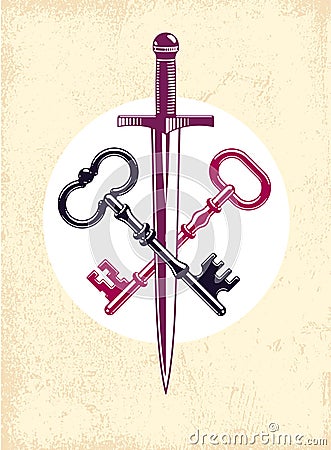 Crossed keys and dagger vector symbol emblem, turnkeys and sword, protected secrets, secured power. Vector Illustration