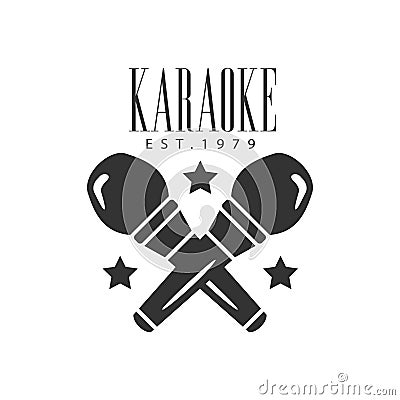 Crossed Microphones Karaoke Premium Quality Bar Club Monochrome Promotion Retro Sign Vector Design Template Vector Illustration