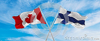crossed national flags of Canada and Finland flag waving in the wind at cloudy sky. Symbolizing relationship, dialog, travelling Cartoon Illustration