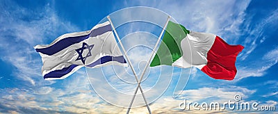 crossed national flags of Israel and Italia flag waving in the wind at cloudy sky. Symbolizing relationship, dialog, travelling Cartoon Illustration