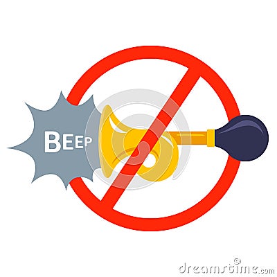 crossed out car horn. prohibition of harsh sounds. Vector Illustration