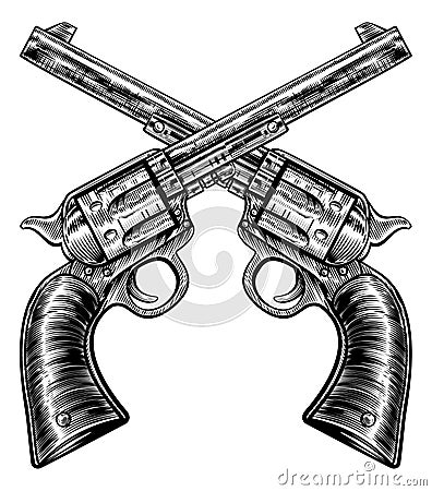Crossed Pistol Gun Revolvers Vintage Woodcut Style Vector Illustration