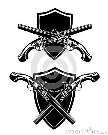 Crossed pistols and shield black vector design set Vector Illustration