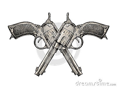 Crossed pistols. Vintage vector gun, pistol, handgun. Retro revolver Vector Illustration