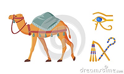 Crossed Sceptre and Whip, Camel and Eye of Horus as Ancient Egyptian Symbol of Power Vector Set Vector Illustration