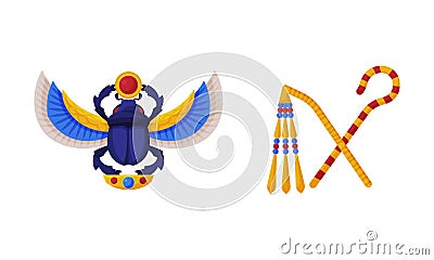 Crossed Sceptre with Whip and Scarab Beetle as Ancient Egyptian Symbol of Power Vector Set Vector Illustration
