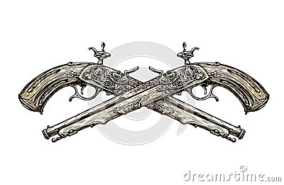 Crossed vintage Pistols. Hand drawn sketch ancient weapon. Duel. Vector illustration Vector Illustration