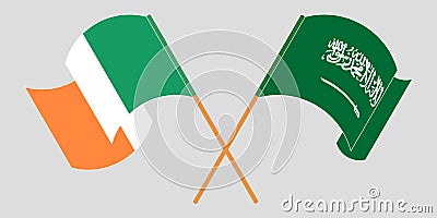 Crossed and waving flags of Ireland and the Kingdom of Saudi Arabia Cartoon Illustration