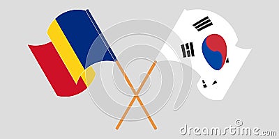 Crossed and waving flags of Romania and South Korea Vector Illustration