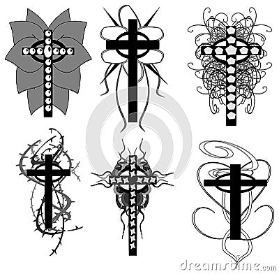 Set of isolated Crosses decorated, grey tones, religion, fantasy. Cartoon Illustration